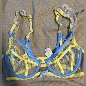 For Love And Lemons Blue and Yellow Lace Bra